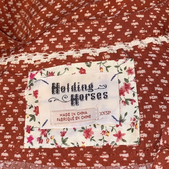 Anthro Holding Horses Rust Print Tiered Ruffle Babydoll Peasant Blouse Top - Picture 8 of 10